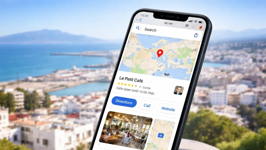 Optimiser son Google Business Profile à Tanger - Fiche Google Maps sur smartphone avec vue sur la ville de Tanger et le détroit de Gibraltar