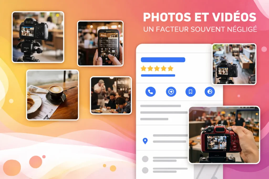 Illustration montrant l’importance des photos et vidéos pour un Google Business Profile Tanger, avec images de café, caméras et interface de fiche Google.