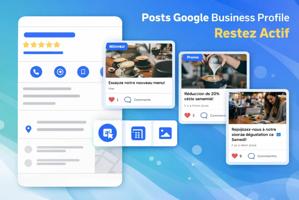 Visuel présentant des exemples de publications sur Google Business Profile Tanger avec cartes de posts, icônes d’interaction et interface professionnelle.
