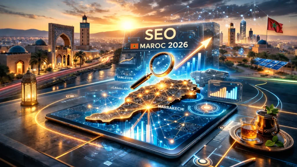 Scène futuriste illustrant le SEO au Maroc avec carte holographique et données digitales.