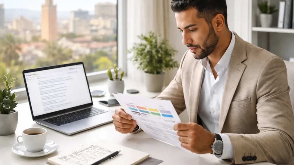 Chef d'entreprise marocain consultant un document de tarifs SEO dans un bureau moderne avec vue sur la ville