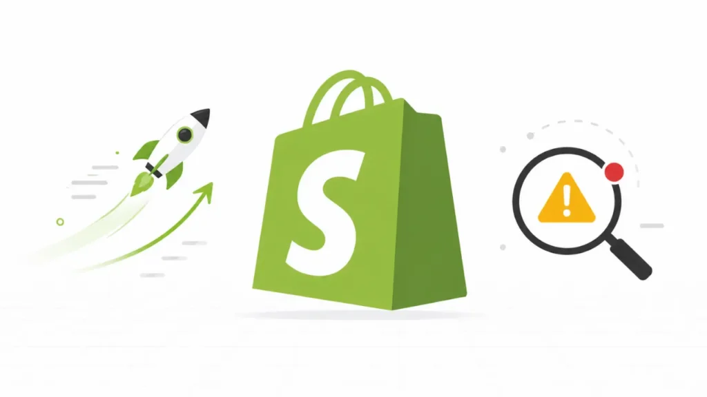 Shopify e-commerce : lancement rapide avec une fusée et avertissement SEO symbolisé par une loupe
