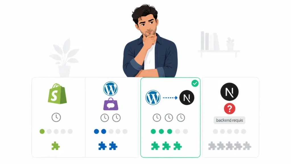 Comparatif des plateformes e-commerce au Maroc : Shopify, WordPress WooCommerce, WordPress headless et Next.js
