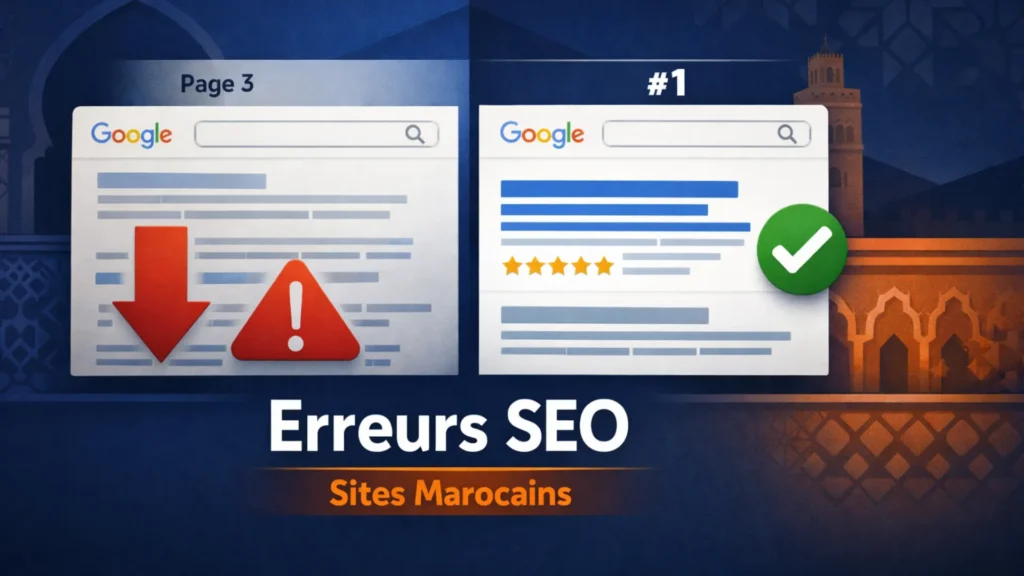 Comparaison entre un site marocain en page 3 de Google avec des erreurs SEO et un site optimisé en première position avec des avis étoiles