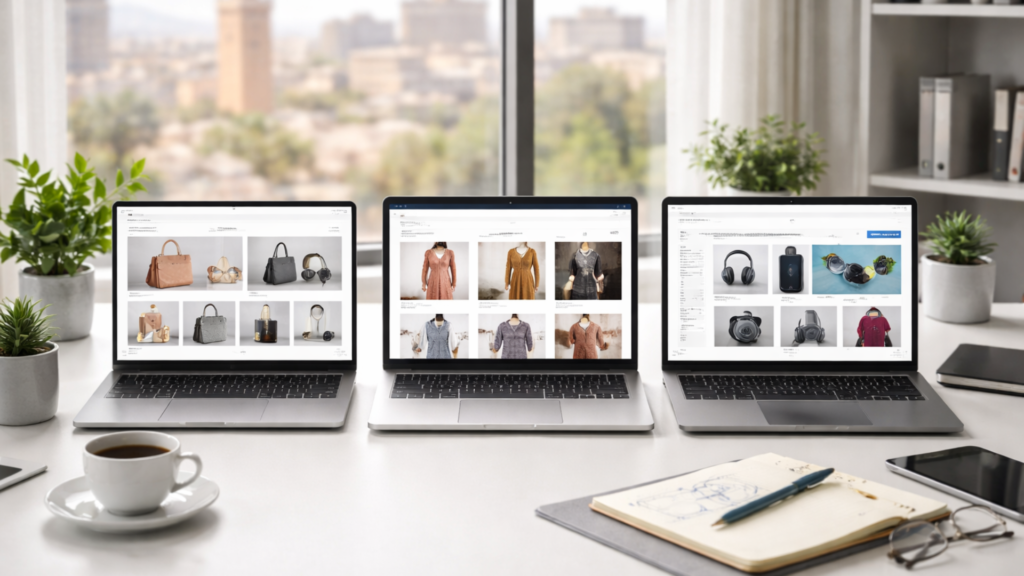 Trois interfaces e-commerce différentes sur des laptops côte à côte dans un bureau moderne avec vue sur la ville