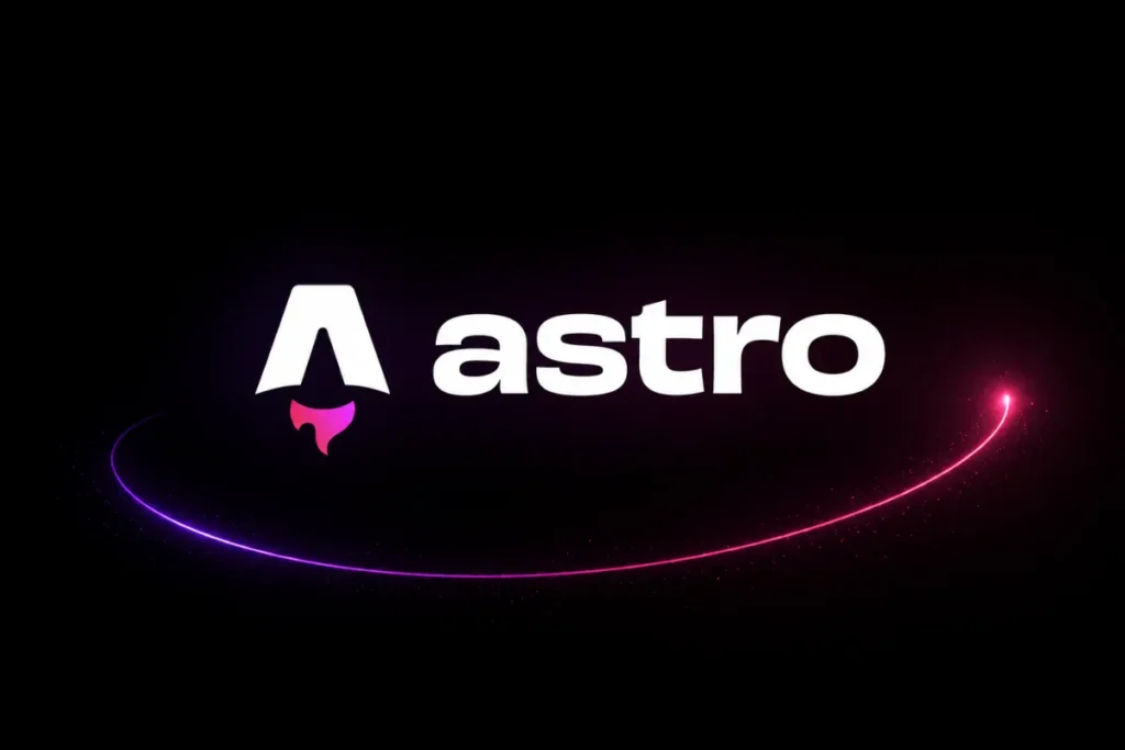 Logo du framework Astro avec une traînée lumineuse évoquant la vitesse de chargement des sites