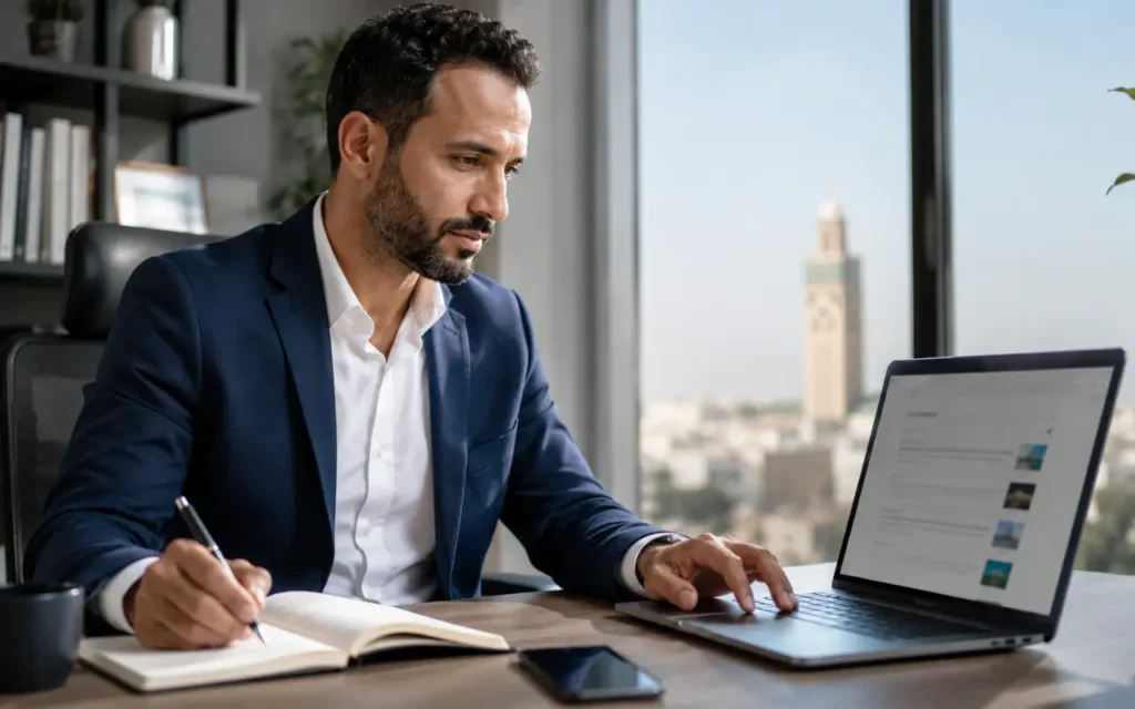 Homme d'affaires marocain dans son bureau cherchant sur son ordinateur comment construire l'autorité de sa marque au Maroc
