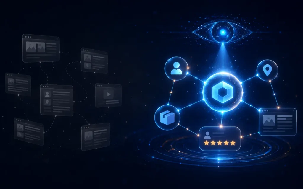Pages web isolées et grisées face à une marque connectée en graphe d'entités que l'œil d'une IA identifie et met en avant