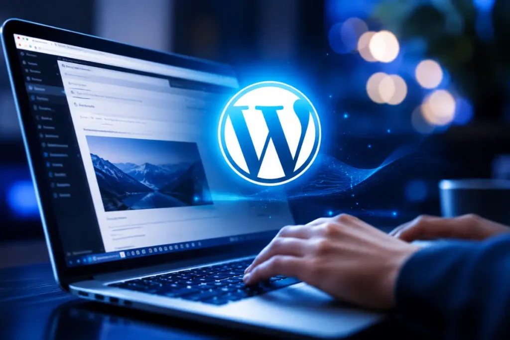 Personne travaillant sur l'interface d'administration de WordPress avec le logo WordPress sur un ordinateur portable